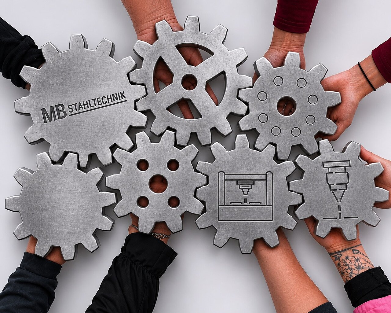 Brennteile aus Stahl in Zahnradform mit MB Stahltechnik Logo und Fertigungssymbolen, gehalten von mehreren Händen.